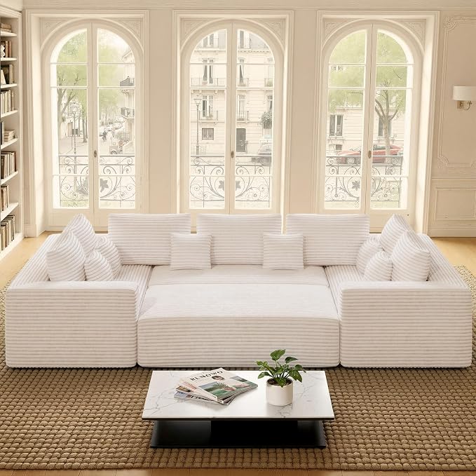 Luxanimarion 136'' Large Sectional Cloud Couches with Chaise, U Shaped Boneless Sofa Bed with Ottoman, No Assembly Required Deep Seat Modular Lounge for Living Room 4PCS Set, Bedroom(Beige)