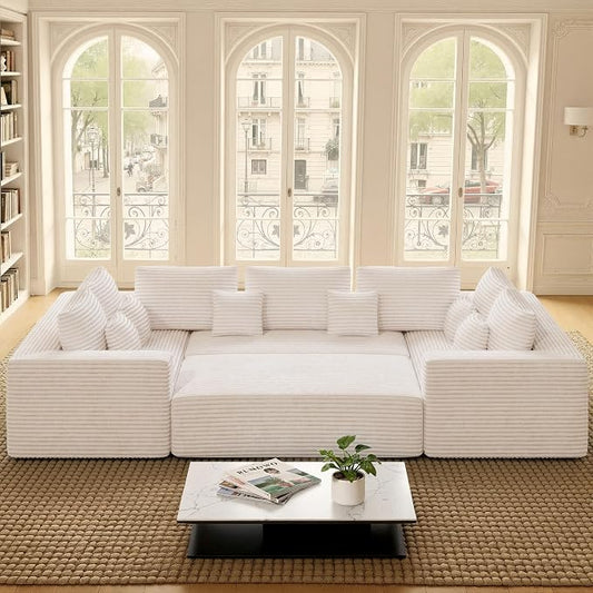 Luxanimarion 136'' Large Sectional Cloud Couches with Chaise, U Shaped Boneless Sofa Bed with Ottoman, No Assembly Required Deep Seat Modular Lounge for Living Room 4PCS Set, Bedroom(Beige)