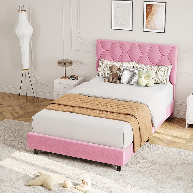 GarveeHome Pink Twin XL Bed Frame with Upholstered Headboard, Heavy-Duty Platform Bed Frame with Adjustable Headboard, Strong Wood Slat Support/No Box Spring Needed/Noise Free