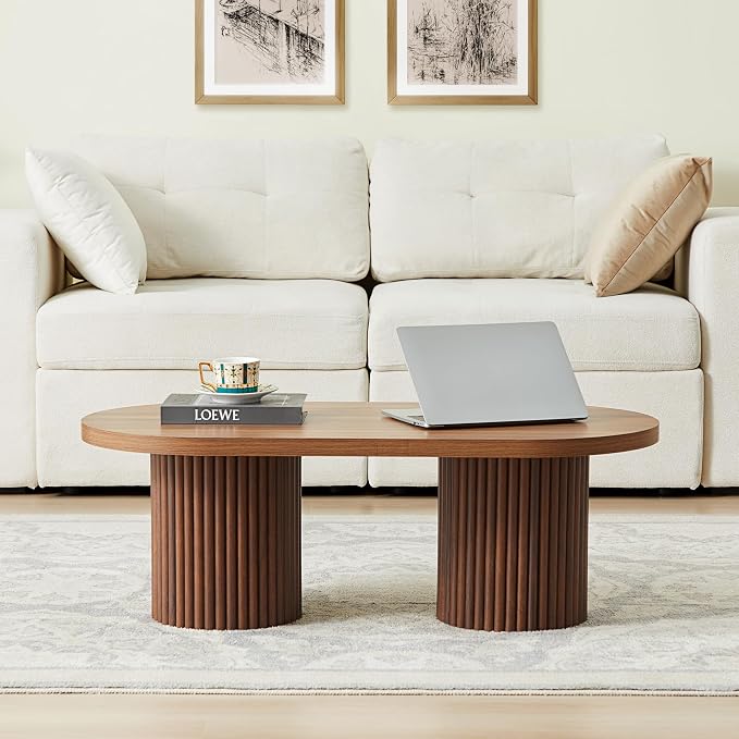 Oval Fluted Coffee Table, Farmhouse Wood Coffee Table Mid Century Modern Center Table Boho Living Room Tables for Living Room Office (Walnut, 19.69" D x 39.38" W x 13.78" H)