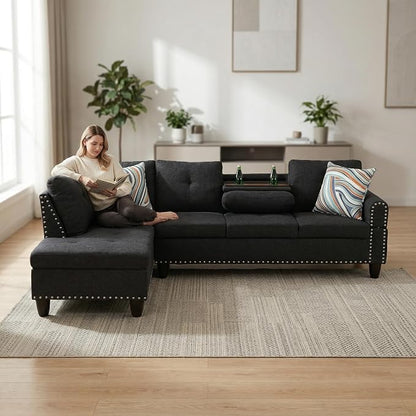 L-Shaped Sectional Sofa, Modern 4-Seat Couch with Built-in Cup Holders, Upholstered Fabric Sectional Couch with Left Facing Chaise for Living Room, Apartment, Office, Black Gray