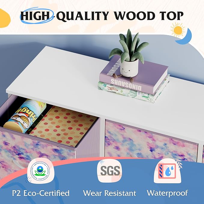WLIVE 7 Drawer Dresser TV Stand, Entertainment Center, Media Console Table with Wood Top for TV up to 45 inch, Chest of Drawers for Bedroom, Living Room, Tie-dye Print (Pink, Purple, Blue)