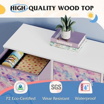 WLIVE 7 Drawer Dresser TV Stand, Entertainment Center, Media Console Table with Wood Top for TV up to 45 inch, Chest of Drawers for Bedroom, Living Room, Tie-dye Print (Pink, Purple, Blue)