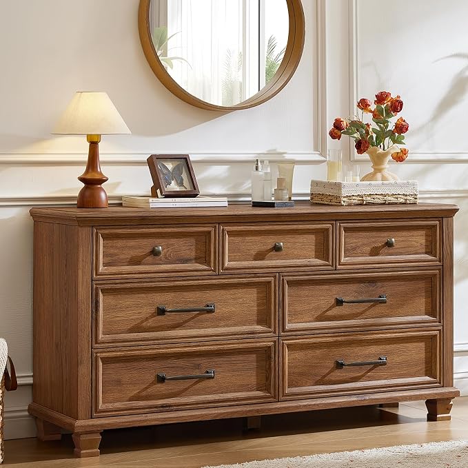 SAVOR LIFE Farmhouse 7 Drawer Dresser for Bedroom, 54” Horizontal Dressers & Chests of Drawers with Thickened Tabletop & Square Table Legs, Brown
