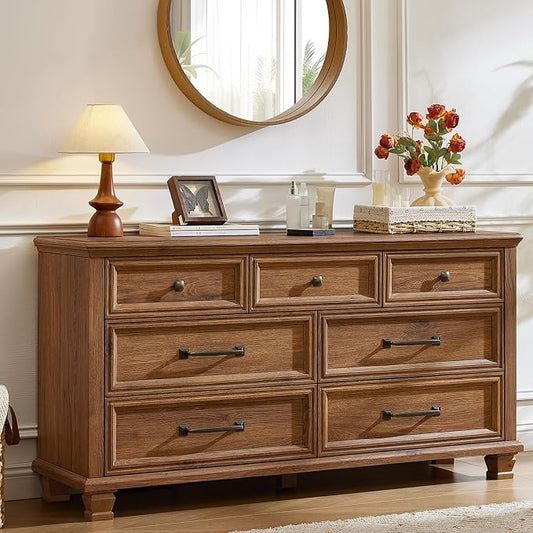 SAVOR LIFE Farmhouse 7 Drawer Dresser for Bedroom, 54” Horizontal Dressers & Chests of Drawers with Thickened Tabletop & Square Table Legs, Brown