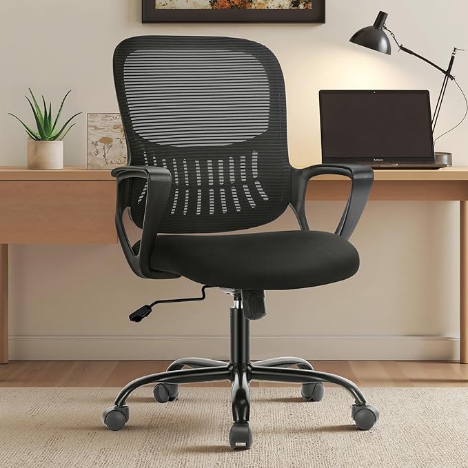 Sweetcrispy Home Office Managerial Executive Chair with Ergonomic Design, Mid-Back Mesh Swivel, Comfortable Lumbar Support, Comfy Arms for Bedroom,Study,Student, Black