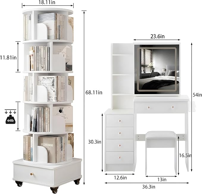5 Pieces Queen Bedroom Set, PU Fabric Metal Bed Frame with Charge Port& LED, 6 Tier Rotating Bookshelf, Vanity Table with Sliding Light Mirror& Hair Dryer Holder, 2 Nightstands with Charge