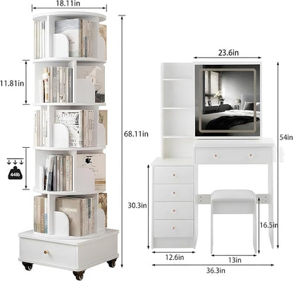 5 Pieces Full Bedroom Set, PU Fabric Metal Bed Frame with Charge Port& LED, 6 Tier Rotating Bookshelf, Vanity Table with Sliding Light Mirror& Hair Dryer Holder, 2 Nightstands with Charge