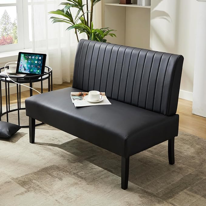 STHOUYN 43" W Mini Small Black Leather Couch Armless Loveseat Sofa for Bedroom with USB Port, Small Couches for SmallSpaces Living Room, Apartment Office Dorm (Black)