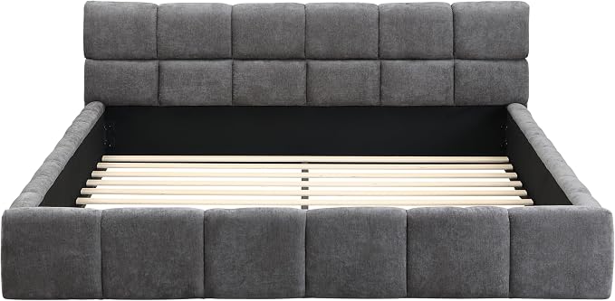 Merax Queen Size Elegant Chenille Upholstered Platform Bed with Thick Headboard and Footboard, Checkerboard Design Upholstery Grounded Bed Frame, Gray