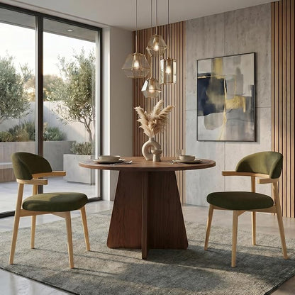 MOJAY Dining Chairs Set of 2 Natural Oak, Linen Green with Curved Armrests