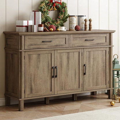 ONBRILL 55 Inch Buffet Cabinet with Storage, Farmhouse Sideboard Buffet w/2 Drawers and 3 Doors, Coffee Bar Cabinet with Adjustable Shelves, Sideboard Storage for Kitchen, Living Room, Washed Grey