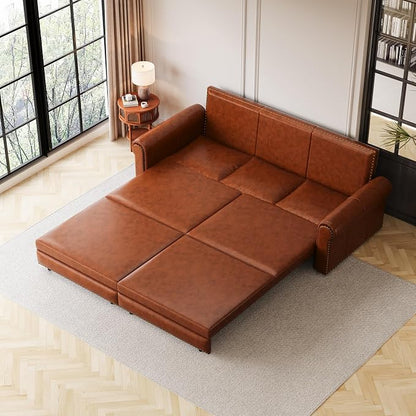 93.7" King Pull Out Sofa Bed, Faux Leather Sleeper Sofa Couch, 3 in 1 Convertible Futon Couches for Living Room, Small Space, Apartment, Office, Bedroom, Modern Rivet Armrest, Light Brown