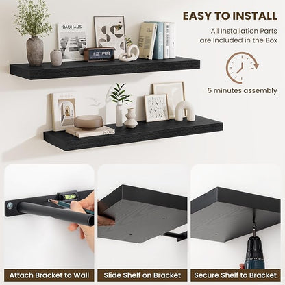 Fun Memories Black Floating Shelves for Wall - 10 x 16 Floating Shelf - Rustic Wood Storage Shelf - Wall Shelves with Invisible Bracket - 16" Bookshelves for Living Room & Bedroom - Black - Set of 2