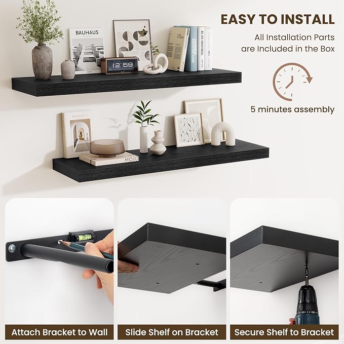 Fun Memories Floating Shelves for Wall, 30 Inch Long Floating Shelves Set of 2, 30 x 10 Wooden Shelves for Wall, Large Storage Shelves, Hanging Shelves for Bathroom Kitchen Bedroom, Black