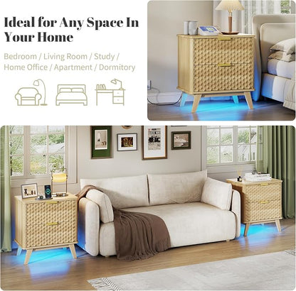 LVSOMT Smart Nightstand with Charging Station and LED Lights, 23.62" Wide Night Stand with 2 Drawers, Motion Sensor Motion-Activated Underlight, Honeycomb Bedside Table for Bedroom, Natural Oak