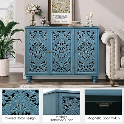 JOINICE 42.5" Accent Storage Cabinet with 3 Carved Doors,Mandala Blue | Versatile Storage for Living Room/Dining Room/Bedroom/TV Stand, Solid Wood Legs, Farmhouse/Rustic Style, Adjustable Shelf