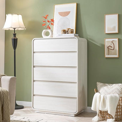 Standifurno White 5 Drawers Dresser, Curved Dresser with Storage Organizer, Modern Drawer of Handleless, Large Chest of Drawers for Living Room, Nursery, Entryway, 29.5’’W