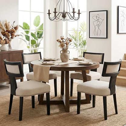 HNY Mid Century Modern Dining Chairs Set of 4, Farmhouse Linen Fabric Upholstered Accent Chairs Curved Nailhead Trim Backrest Kitchen Chairs, with Black Hardwood Frame, Beige