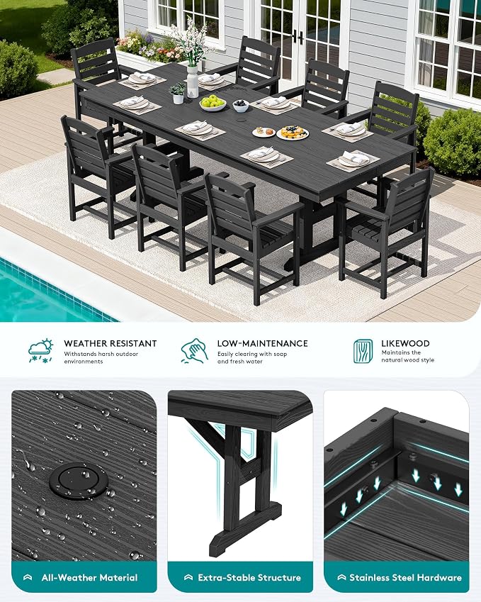 SERWALL 10 Piece 84" HDPE Outdoor Dining Set for 8 with 15ft Double-Sided Umbrella, Black