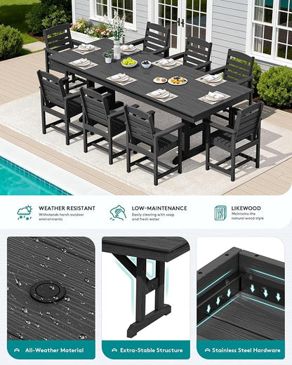 SERWALL 10 Piece 84" HDPE Outdoor Dining Set for 8 with 15ft Double-Sided Umbrella, Black