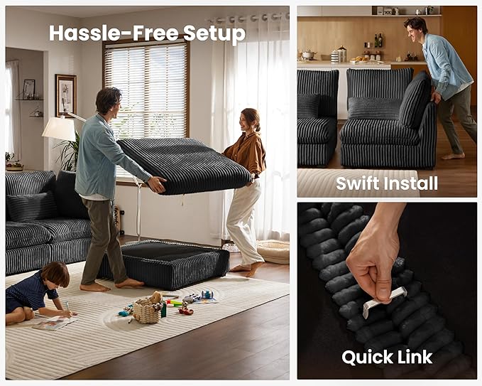 77" Oversized Corduroy Couch Modular Sectional Sofa, Washable Cloud Couch Sectional with Ottoman, 3 Seater Sectional Couches for Living Room, Fully Cover Removable, L Shaped, Corduroy, Black