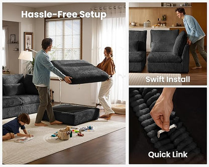 115" Oversized Corduroy Couch Modular Sectional Sofa, Washable Cloud Couch Sectional with Ottoman, 6 Seater Sectional Couches for Living Room, Fully Cover Removable, V Shaped & Corner, Corduroy, Black