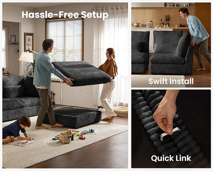 77" Oversized Corduroy Couch Modular Sectional Sofa, Washable Cloud Couch Sectional, 2 Seater Sectional Couches for Living Room, Fully Cover Removable, Loveseat Sofa, Corduroy, Black