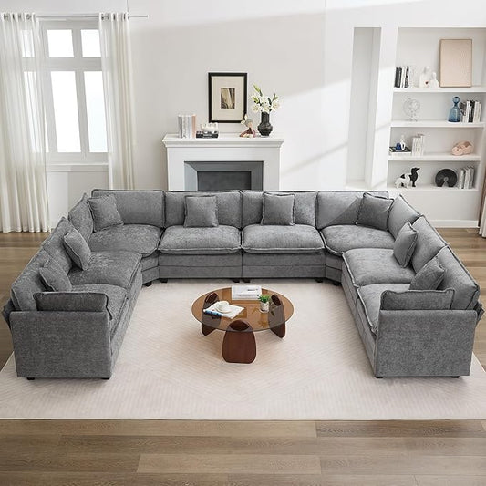 147'' Oversized U Shaped Cloud Sectional Sofa, Chenille Deep Seat Couches for Living Room, Comfy Upholstered Modular Sectional Sofa Couch, Grey