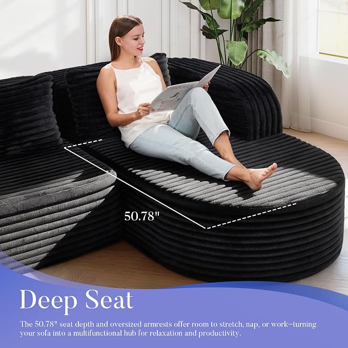 Hobestluk Modular Sectional Sofa Couches L-Shape Couch 3 Seat Modular Sofa Memory Foam Sectional Couches for Living Room, Cloud Couch (Round Black, 96", Right Hand Facing)