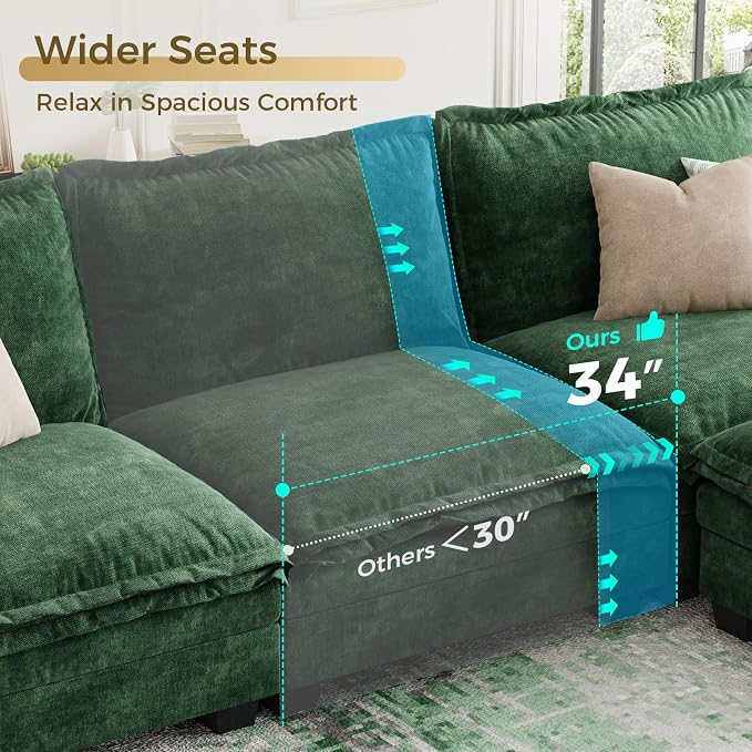 KKL 89 Inch Modular Sectional Sofa, 2 Seater Loveseat Cloud Couch with Deep Seat, Chenille Sectional Couches for Living Room, Apartment, Green