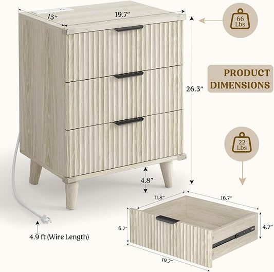 Lulive Wood Night Stand Set 2 Fluted Dresser for Bedroom 3 Drawers End Tables Nightstand with Charging Station, Side Table White Oak