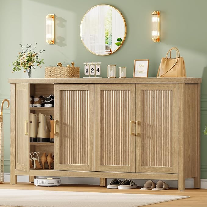 Buffet Cabinet with Storage, 63" Fluted Sideboard Cabinet with 4 Adjustable Shelves, Modern Coffee Bar with 4 Doors, Coffee Bar Cabinet for Kitchen, Living Room, Natural