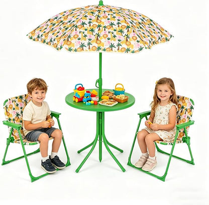 HONEY JOY Kids Picnic Table, Animal Themed Toddler Outdoor Table and Chair Set, 2 Folding Chairs & Removable Umbrella, Children Outdoor Furniture for Backyard Patio Garden (Green Lion)