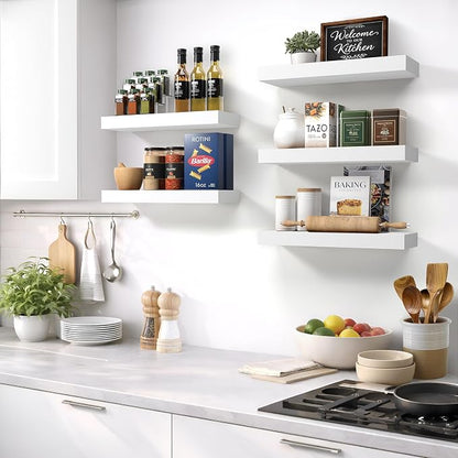 Sorbus Floating Shelves for Wall – 16 Inch Floating Shelf for Kitchen, Bedroom, Living Room, Bathroom, Home & Wall Decor - Mounted Bathroom Shelves with Invisible Brackets (White, 5 Pack)