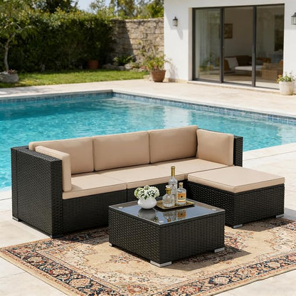 SUNCROWN 5-Piece Outdoor Patio Furniture Set, All-Weather PE Rattan Sectional Sofa with Ottoman, Glass Coffee Table & Cushions, Modular Wicker Conversation Set for Backyard, Garden, Porch, Beige