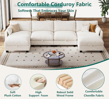 Modular Sectional U Shaped Sofa Couches for Living Room, Cloud Couch with Storage Ottoman, Comfy Chenille Sofa with Pillow, Beige