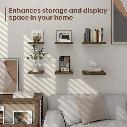 Fun Memories Square Floating Shelves for Wall - 12 Inch Deep Floating Shelves with Invisible Brackets, Brown Small Wall Shelf for Living Room, Bathroom, Bedroom, and Kitchen Decor Set of 4