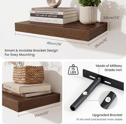 Fun Memories Wood Floating Shelves 16 Inch, 10 Inch Deep Shelves Wall Mount, Wall Shelves with Invisible Bracket, 16" Floating Shelves for Living Room Bathroom Bedroom, Walnut, Set of 2