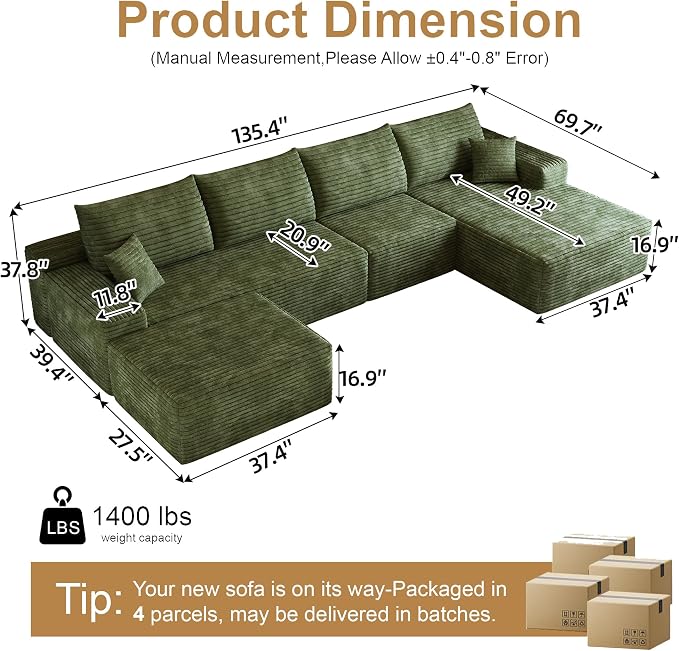 136" Sectional Couches for Living Room Modern Modular Sofa with L-Shape Couchs Upholstered Boneless Couch Deep Seat Sectional Couch with Chaise (Green, 136"Right facing chaise+3Seaters+Ottoman)