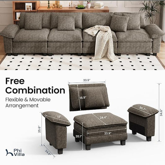 PHI VILLA Cloud Modular Couches Sets, 157.5" Sectional Sofa with Upholstered Deep Seat, 4-Seater Long Couches for Living Room Apartment, Chenille Fabric, Smoky Grey