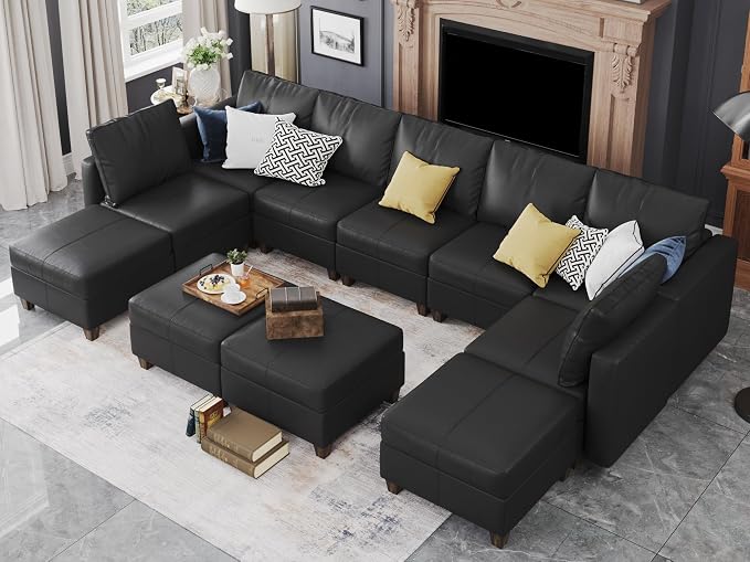 EASE MOOSE Faux Leather Sectional, Large Modular Sofa Couch U Shaped Sectional Couch with Storage Ottomans, Black