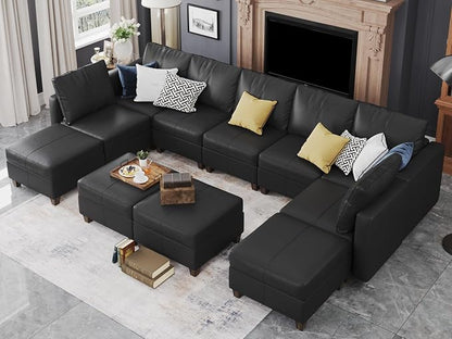 EASE MOOSE Faux Leather Sectional, Large Modular Sofa Couch U Shaped Sectional Couch with Storage Ottomans, Black