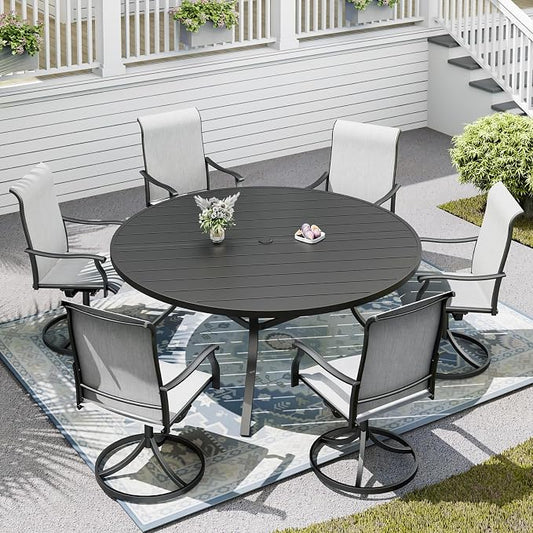 58"x 58"x 28" Patio Table and Chairs Set,6-Pieces Outdoor Swivel Dinging Chairs,Black Round Metal Table with Umbrella Hole,Outside Furniture Set for Patio,Deck,Porch,Backyard