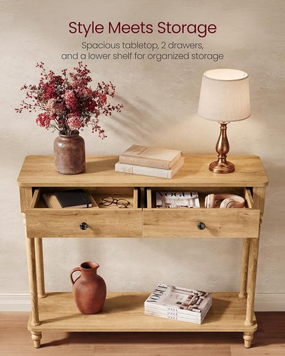 VASAGLE Mariel Collection - Console Table, Narrow Entryway Sofa Table with Drawers and Shelf, Solid Wood Legs, Mid-Century Modern, for Hallway Doorway Living Room, Natural Brown ULNT139K301S