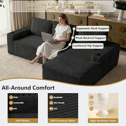 104" Cloud Sectional Couch L-Shaped with Side Pockets Cup Holders, Corduroy Boneless Couch for Living Room,Upholstered Deep-Seat Modular Sectional Sofa,No Assembly Required (Black,Right Facing Chaise)