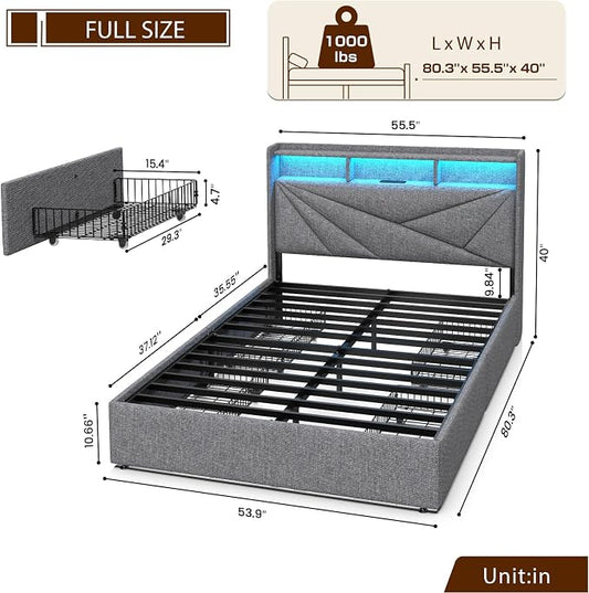 Driftalia LED Full Size Bed Frame with 4 Storage Drawers, Upholstered Full Bed Frame with 2-Tier Headboard and Charging Station, No Box Spring Needed, Easy to Assembly - Light Grey