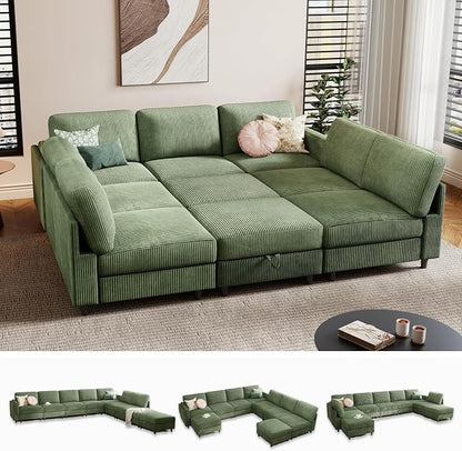 KKL Modular Sectional Sofa Bed - Sofabed with Storage Ottoman, Convertible L/U-Shaped Sleeper Couch for Living Room, Modern Reversible Design, Green