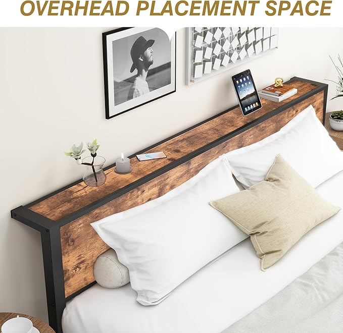 DUMEE King Bed Frame with Wood Storage Headboard, Metal Platform Bed Frames King Size, No Box Spring Needed, Noise Free, Black & Vintage Brown