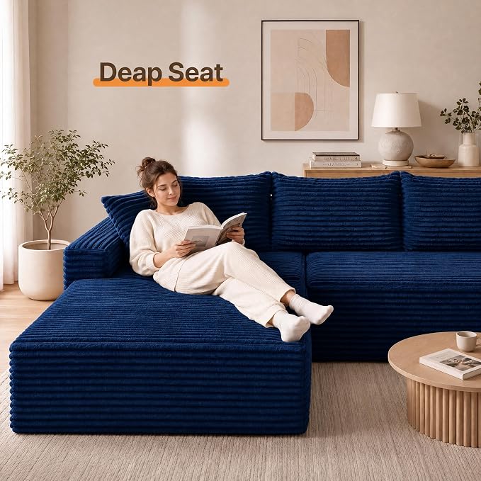 Claiks 94" Boneless Couch, Cloud Couch Sectional, L-Shape Corduroy Modular Sectional Sofa Deep Seat, Upholstered Couches for Living Room, No Assembly Required, Blue
